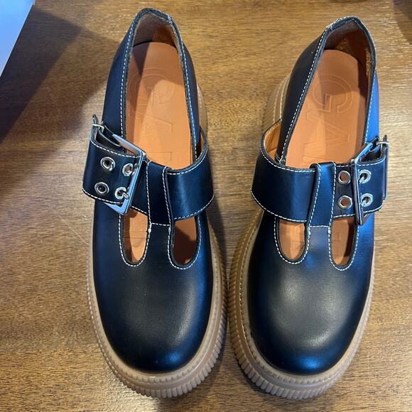 GANNI Creepers Black leather Platform loafers T-strap EU 39 - Picture 3 of 7